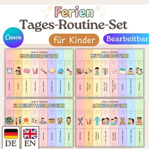 Könnte beinhalten: Ein farbenfrohes Tagesablauf-Set für Kinder, mit Tafeln für Morgen, Mittag, Nachmittag und Abend. Jede Tafel zeigt illustrierte Aufgaben wie Zähneputzen und Spielen. Der Text enthält "Ferien Tages-Routine-Set" und "Bearbeitbar".