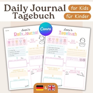Puede incluir: Diseño de dos páginas de un diario diario para niños y un Tagebuch alemán. Las páginas tienen indicaciones para emociones, gratitud y dibujo. El logotipo de Canva es visible. El texto incluye "Daily Journal for Kids" y "für Kinder".