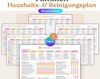 May include: A collection of printable household and cleaning plan templates. The templates feature colorful layouts with sections for weekly, monthly, and yearly tasks. The text includes "Familien Haushaltsplan" and "Reinigungsplan". The Canva logo is also visible.