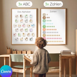 May include: Two framed educational posters with wooden frames. One displays the alphabet with colourful letters and animal illustrations, the other shows numbers with corresponding asterisks. A child stands in front of the posters, holding a book.