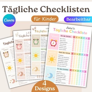Könnte beinhalten: Vier Designs von druckbaren täglichen Checklisten für Kinder. Jedes Design hat ein anderes Farbschema und enthält Abschnitte für Aufgaben am Morgen, Nachmittag und Abend. Die Checklisten sind anpassbar und enthalten den Text "Tägliche Checklisten".