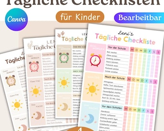 Daglig checklista för barn, färgglada designer, redigerbar Canva-mall, rutiner för barn, daglig rutin, dagligt schema, utskrivbar