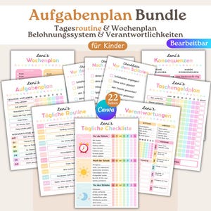 Könnte beinhalten: Ein Bundle druckbarer Planerseiten mit farbenfrohen Pastellmustern. Die Seiten umfassen Tagesroutinen, Wochenpläne, Checklisten und Belohnungssysteme. Text enthält "Aufgabenplan Bundle" und "für Kinder".