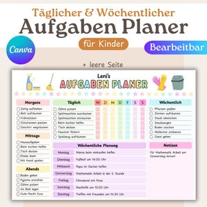 Könnte beinhalten: Ein farbenfroher, editierbarer Wochenplaner für Kinder mit Abschnitten für tägliche und wöchentliche Aufgaben. Der Planer enthält Morgen-, Mittags- und Abendroutinen sowie einen Notizenbereich. Das Canva-Logo ist sichtbar.