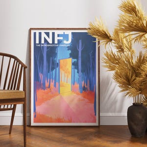 May include: A framed art print featuring the text "INFJ THE INTROSPECTIVE TRAVELER." The artwork depicts a forest scene with a glowing doorway, in shades of blue, orange, and pink. The print is displayed on a wooden floor.