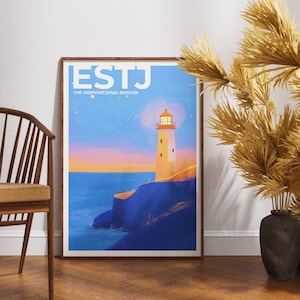 Może przedstawiać: Oprawiony wydruk przedstawiający latarnię morską na klifie z widokiem na ocean. Latarnia jest biała z pomarańczowym dachem, oświetlona na tle niebiesko-pomarańczowego nieba. Tekst "ESTJ THE INSPIRATIONAL BEACON" znajduje się na górze.