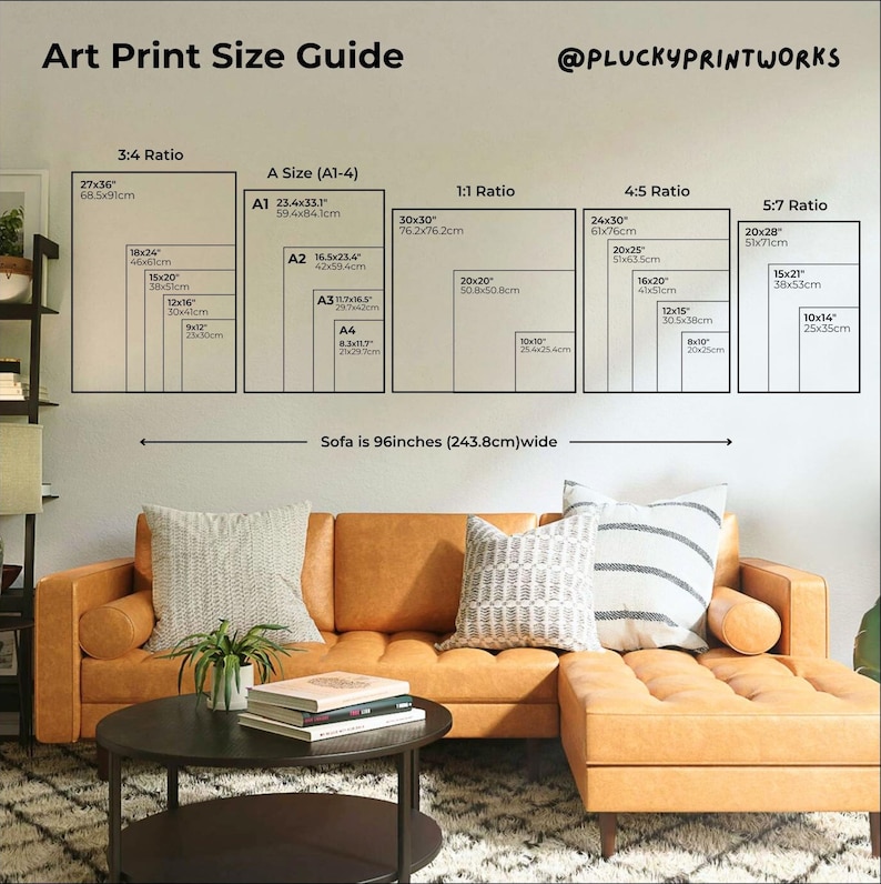 May include: An art print size guide with dimensions in inches and centimeters. The guide includes ratios such as 3:4, A Size (A1-4), 1:1, 4:5, and 5:7. A tan sofa, 96 inches (243.8cm) wide, is in the foreground.