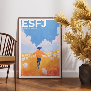 Op de afbeelding: Een ingelijste kunstafdruk met een persoon die door een veld met schapen rent onder een blauwe lucht met wolken. De persoon draagt een oranje trui en een blauwe broek. De afdruk heeft bovenaan de tekst "ESFJ THE GENTLE SHEPARD".