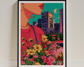 INFP Print MBTI design Neon Style INFP Pop Art Japanese City Vibe Gift Flower Bouquet Colorful Myers Briggs Personality Girl Holding Flower