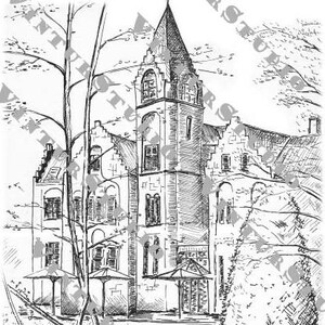 Afdrukbare kasteelkunst - handgetekende Belgisch kasteel - zwart-witschets - kasteel Ryckevelde - digitale download - inkttekening