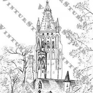 Afdrukbare kasteelkunst - handgetekende Belgisch kasteel - zwart-witschets - Museum Gruuthuse Brugge - digitale download - inkttekening