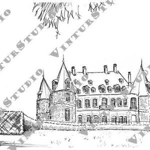 Afdrukbare kasteelkaart - Handgetekende Belgische architectuur - Zwart-witschets - Kasteel Terhulpen - Digitale download - Inkttekening