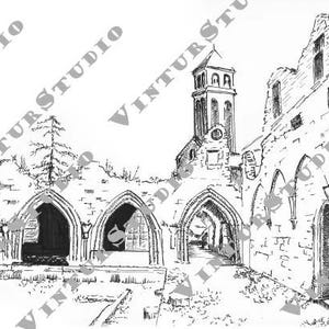 Afdrukbare kasteelkaart - handgetekende Belgische architectuur - zwart-witschets - ruïne van de abdij van Orval - digitale download - inkttekening