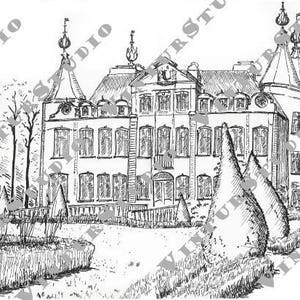 Digitale download: zwarte inkttekening van kasteel Poeke