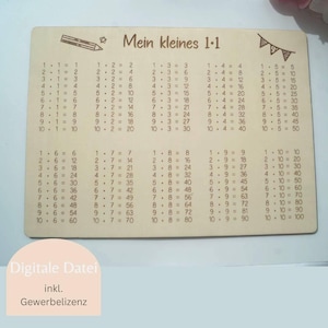Può includere: Tabella di moltiplicazione in legno con il testo "Mein kleines 1x1" e un'illustrazione di matita. Mostra le tabelline da 1x1 a 10x10. Include il testo "Digitale Datei inkl. Gewerbelizenz".