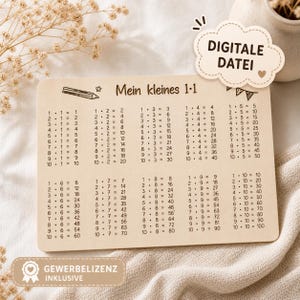 Könnte beinhalten: Eine hölzerne Multiplikationstabelle mit dem Text "Mein kleines 1.1" und "DIGITALE DATEI". Die Tabelle zeigt die Multiplikationsfakten von 1x1 bis 10x10. Enthält den Text "GEWERBELIZENZ INKLUSIVE".