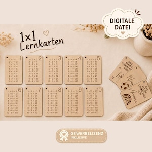 May include: A set of ten rectangular wooden multiplication flashcards numbered one through ten, each featuring multiplication tables from one to ten. Three additional personalized cards are included, along with text reading 1x1 Lernkarten, DIGITALE DATEI, and GEWERBELIZENZ INKLUSIVE.