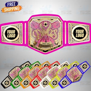 May include: A pink and gold championship belt with the text "YOUR TEXT CHAMPION" and space for a logo. Additional belts in various colors are displayed below, including black, green, orange, red, yellow, and blue.