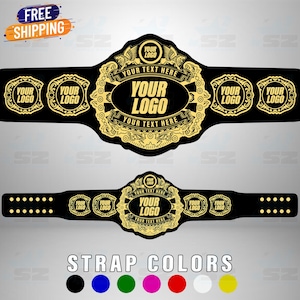 Op de afbeelding: Zwarte en gouden kampioenschapsriem met ruimte voor een logo en tekst. De riem heeft een groot centraal embleem en kleinere zij-emblemen. De tekst "YOUR LOGO" en "YOUR TEXT HERE" worden weergegeven. De afbeelding toont ook kleuropties voor de riem.