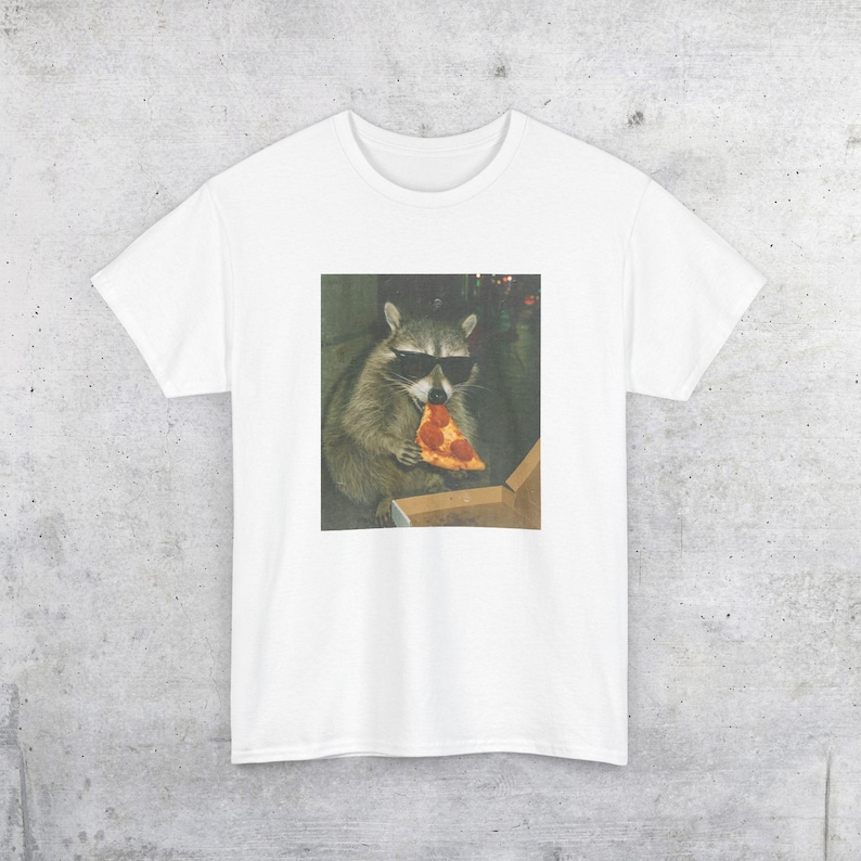 Raccoon Eating Pizza T-Shirt | Vintage Funny Animal Meme Tee White