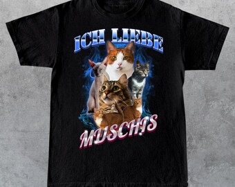 Vintage 90s Bootleg Cat T-Shirt | "Ich Liebe Muschis" German Meme Shirt