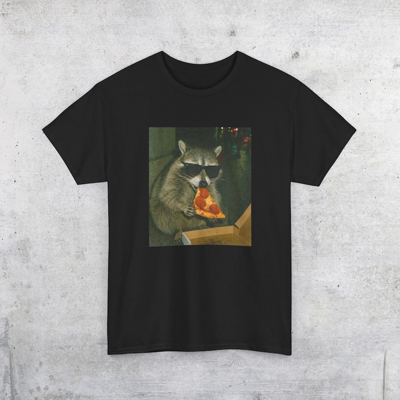 Raccoon Eating Pizza T-Shirt | Vintage Funny Animal Meme Tee Black