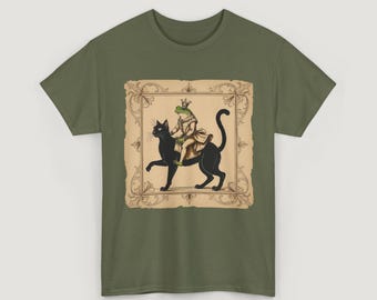 Frog Riding Cat T-Shirt, Medieval Tapestry, Weirdcore Goblincore Tee