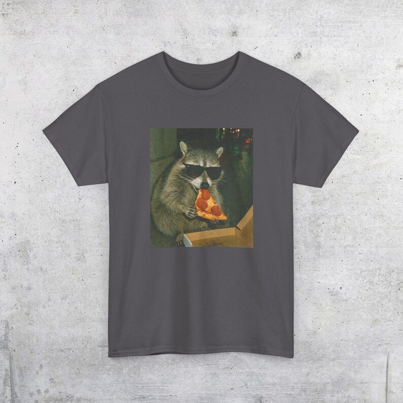 Raccoon Eating Pizza T-Shirt | Vintage Funny Animal Meme Tee Charcoal
