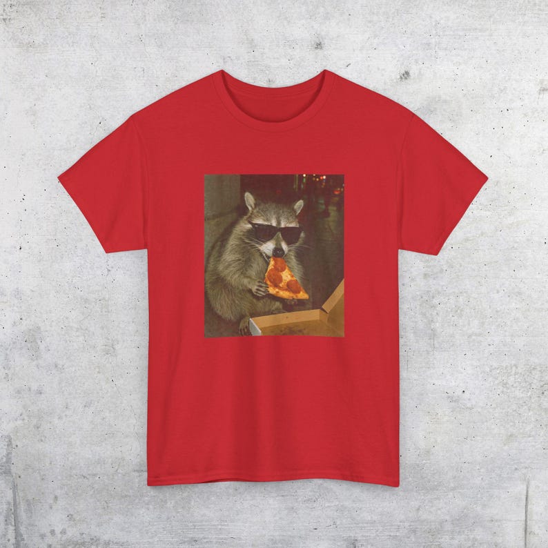 Raccoon Eating Pizza T-Shirt | Vintage Funny Animal Meme Tee Red