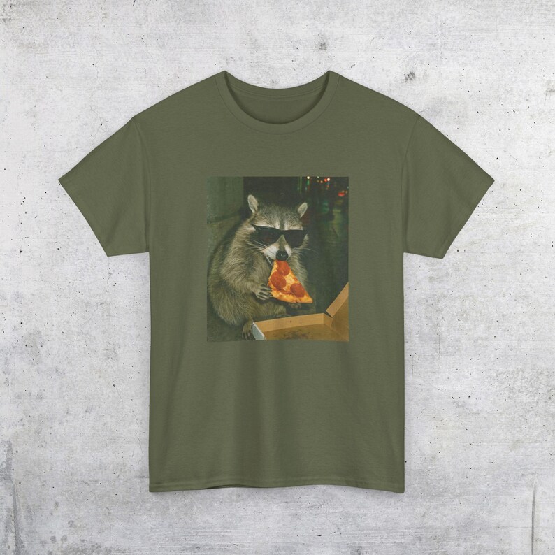 Raccoon Eating Pizza T-Shirt | Vintage Funny Animal Meme Tee Military Green