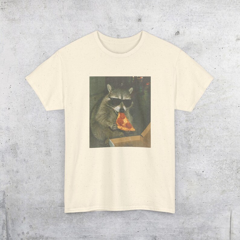 Raccoon Eating Pizza T-Shirt | Vintage Funny Animal Meme Tee Natural