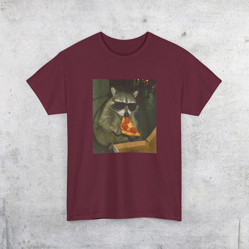 Raccoon Eating Pizza T-Shirt | Vintage Funny Animal Meme Tee Maroon