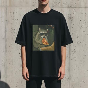 Raccoon Eating Pizza T-Shirt | Vintage Funny Animal Meme Tee image 1
