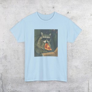 Raccoon Eating Pizza T-Shirt | Vintage Funny Animal Meme Tee Light Blue