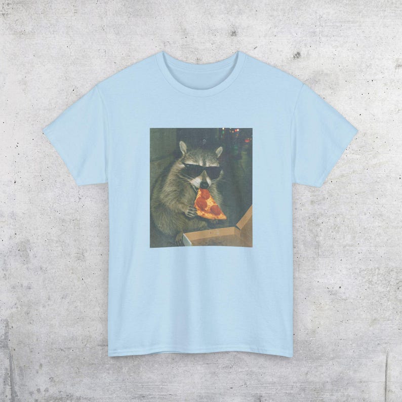 Raccoon Eating Pizza T-Shirt | Vintage Funny Animal Meme Tee Light Blue