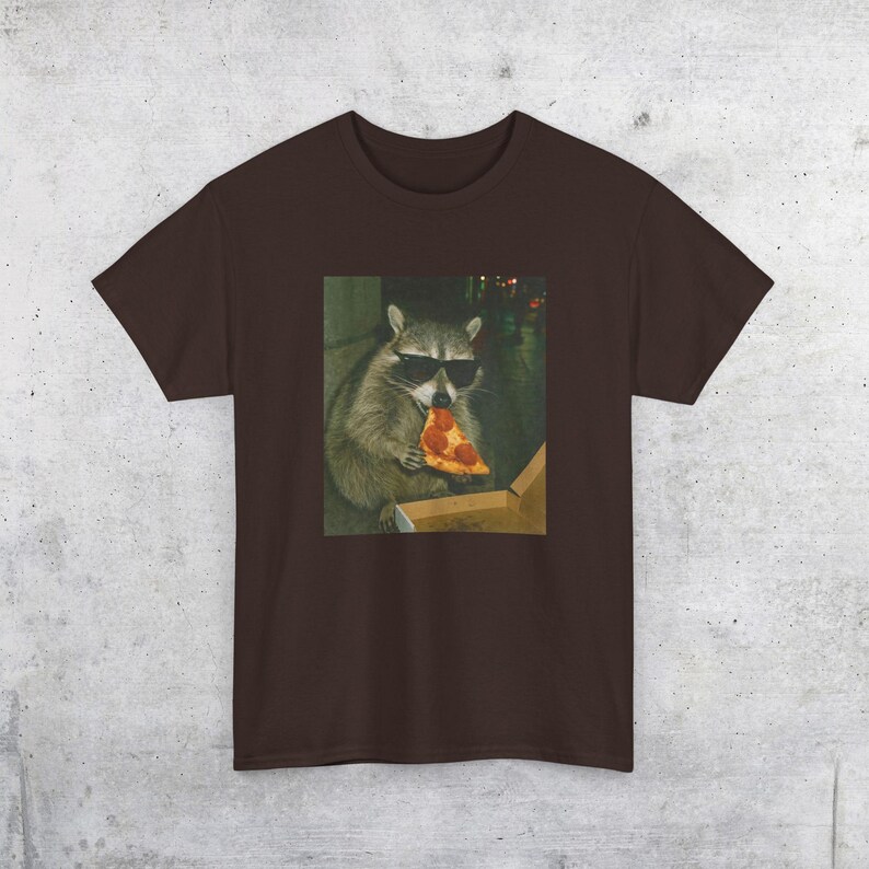Raccoon Eating Pizza T-Shirt | Vintage Funny Animal Meme Tee Dark Chocolate