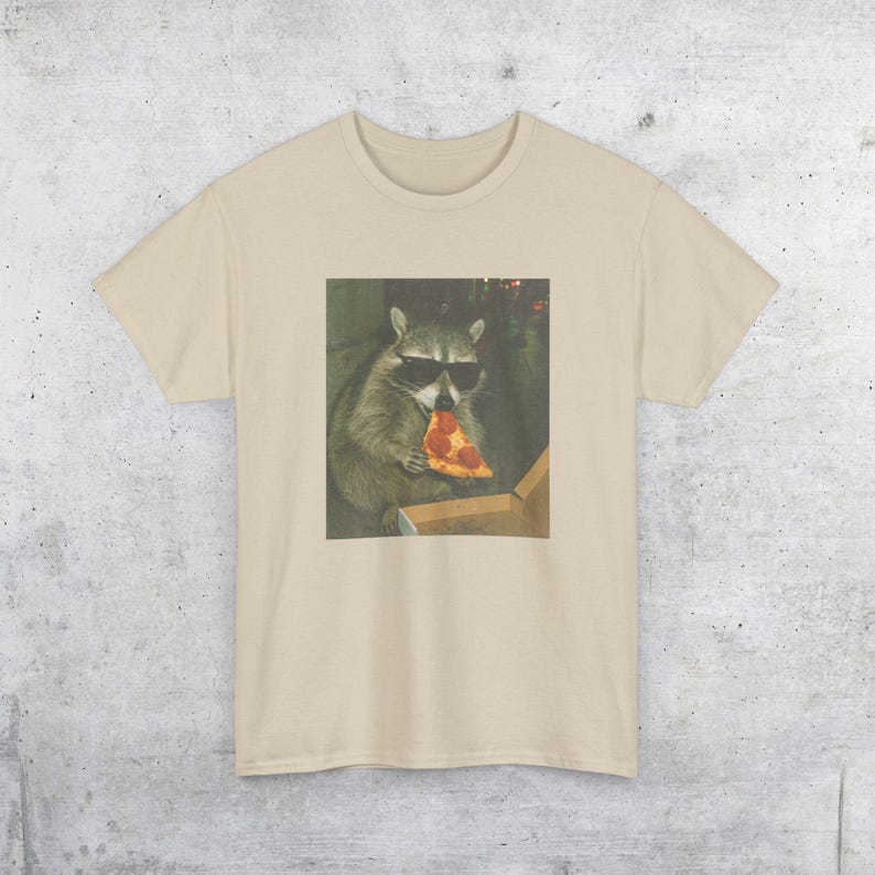 Raccoon Eating Pizza T-Shirt | Vintage Funny Animal Meme Tee Sand