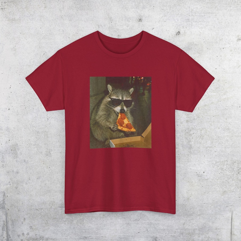 Raccoon Eating Pizza T-Shirt | Vintage Funny Animal Meme Tee Cardinal Red