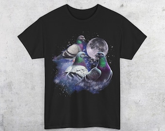 GenZ Pigeon Moon Graphic Tee, Vintage Style Cotton Shirt