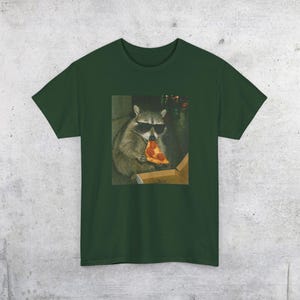 Raccoon Eating Pizza T-Shirt | Vintage Funny Animal Meme Tee Forest Green