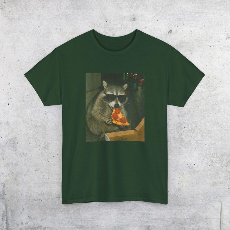 Raccoon Eating Pizza T-Shirt | Vintage Funny Animal Meme Tee Forest Green