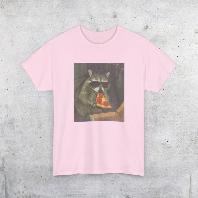 Raccoon Eating Pizza T-Shirt | Vintage Funny Animal Meme Tee Light Pink