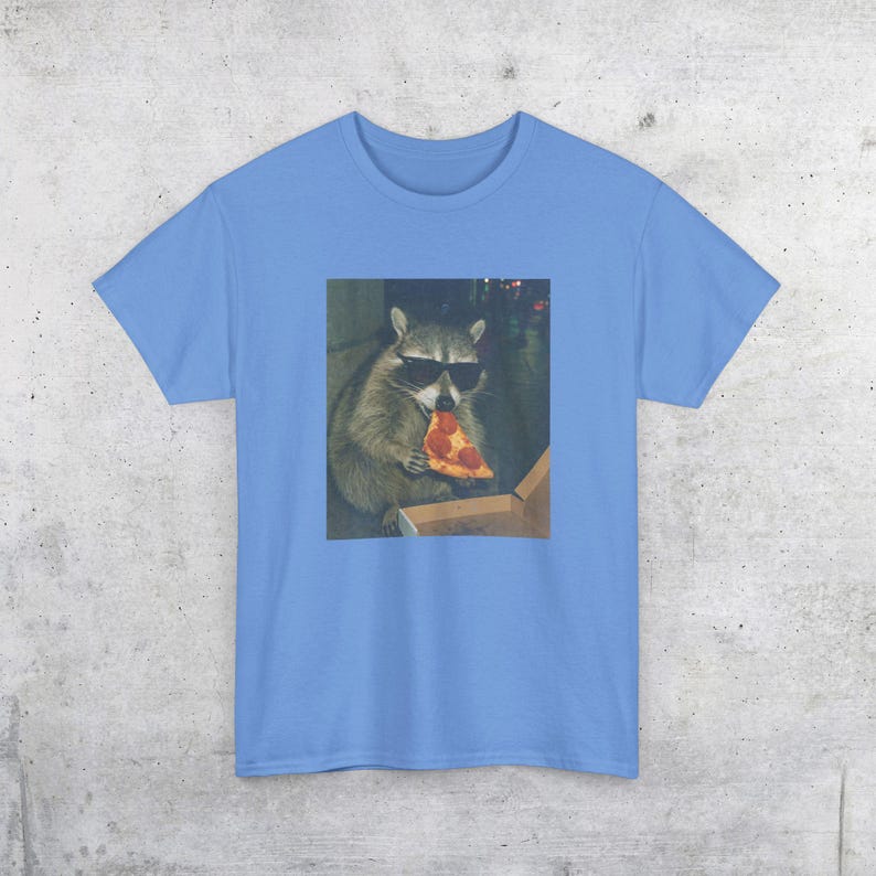 Raccoon Eating Pizza T-Shirt | Vintage Funny Animal Meme Tee Carolina Blue