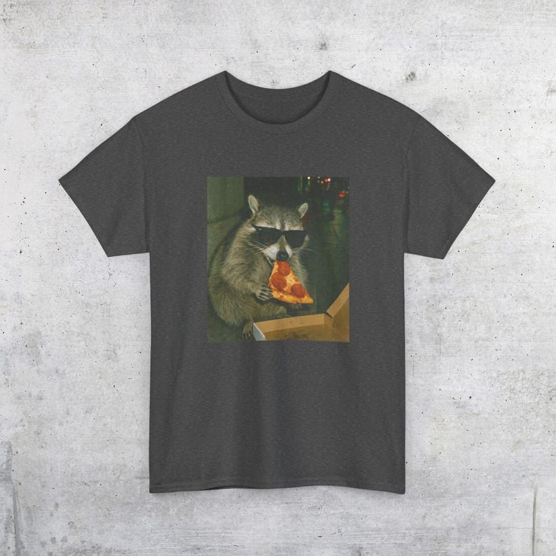 Raccoon Eating Pizza T-Shirt | Vintage Funny Animal Meme Tee Dark Heather