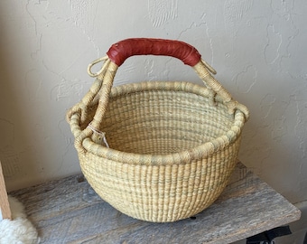 Bolga Basket - African Handwoven Basket from Ghana, with Leather Handle