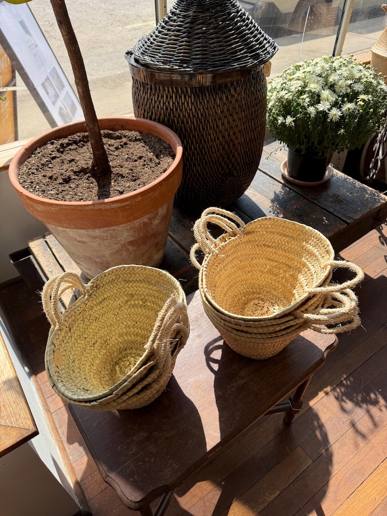 May include: A collection of woven straw baskets with rope handles, stacked on a wooden table. A large terracotta pot with a plant and a dark wicker storage container are in the background. A small potted plant with white flowers is also visible.