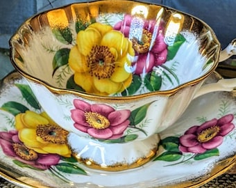 Vintage Queen Anne Bone China Cup and Saucer: Floral Anemones, Gold Gilt Trim