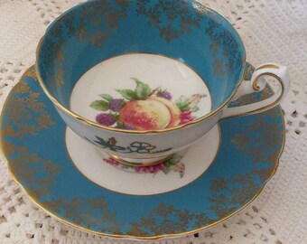 Shelley Fine Bone China turquoise fruit China tea set. Cup and saucer, England