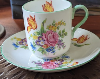 Shelley Hulmes Rose Demitasse Cup and Saucer: Fine Bone China