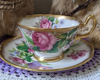 Vintage Royal Stuart Floral Cup and Saucer: Fine Bone China Roses, Irises